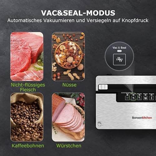 Bonsenkitchen Vakuumierer, 125W Vakuumiergerät mit 5 Modi, 8 L/Min | Globefish-Technologie für Kontinuierliches Arbeiten mit Hoher Geschwindigkeit, 5 Vakuumbeutel und 1 Rollbeutel thumbnail 5