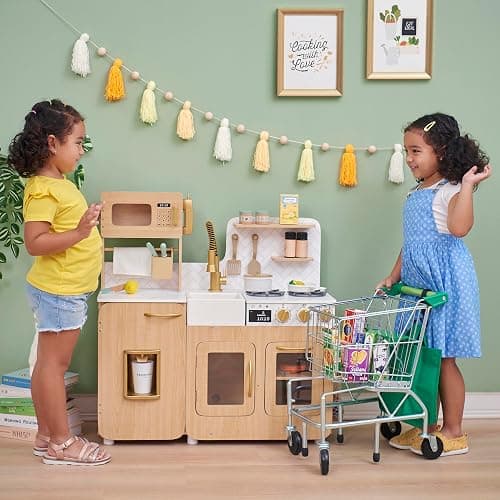 Teamson Kids Little Chef Cyprus Play Kitchen Set for Toddlers with 14 Accessories, Wooden Toy Cooking Playset for Kids Ages 1-8, Montessori Cooking Station, Light Oak/White Pretend Kitchen thumbnail 5