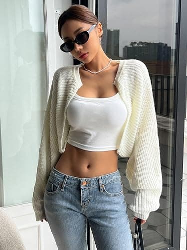 GORGLITTER Women's Cropped Cardigan Trendy 2025 Fall Cute Bolero Shrug Chunky Knit Cardigan Sweaters thumbnail 4
