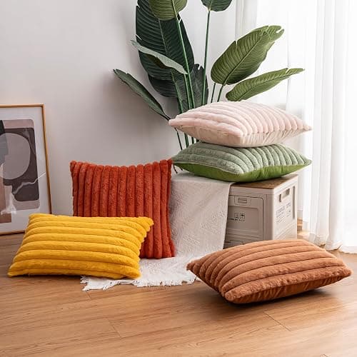 Aegero Pack of 2 Faux Fur Christmas Throw Pillow Covers 18x18 Inch, Pink | Fall Plush Striped Couch Pillow Cover, with Velvet Back Modern Home Decorative Throw Pillow for Sofa Living Room Couch Bed thumbnail 5