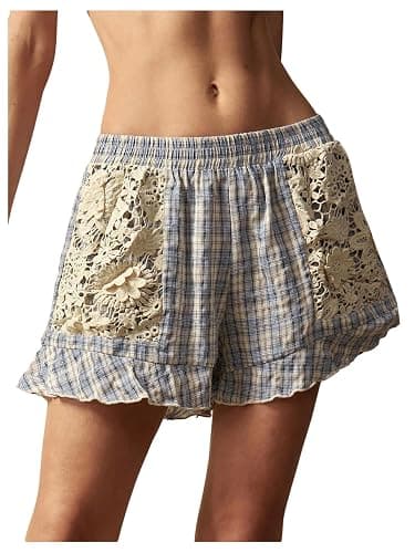 MakeMeChic Women's Boho Floral Lace Shorts Plaid Elastic Waist Ruffle Short | Shorts for Women, Summer Casual Beachwear, Going Out Pants, Loungewear - Image 1
