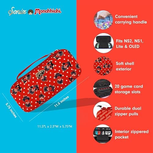 Sonix x Monchhichi Carrying Case for Nintendo Switch 2, Switch 1, Lite, OLED, Protective Travel Case with Game Cartridge Storage | Monchhichi Red Dot thumbnail 3