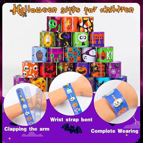 LUYI 144 PCS Halloween Slap Bracelets,Halloween Party Favors Supplies for Kids-108 Different Designs Bracelets Bulk for Halloween Decorations Treat Toys Bag Stuffers Gift for Kids Girls Boys thumbnail 4
