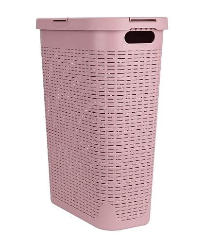 Mind Reader 40L Slim Laundry Hamper, Clothes Basket, Lid, Wicker Design, Plastic, 18"L x 10.4"W x 23.5"H, Pink - Pink - Single - Image 1