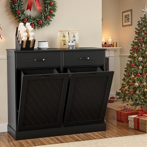 Double Tilt-Out Trash Can Cabinet, 2x15 Gallons Hidden Garbage, Hidden Kitchen Trash Cabinet with Storage Drawer, Pet-Proof Wooden Garbage & Recycling Cabinet for Kitchen, Laundry & Living Room, Black thumbnail 8