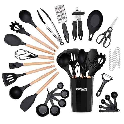 Kitchen Non Stick Cooking Utensils Set – Heat Resistant Silicone Utensils with Wooden Handle – Ladles, Spoons and Spatulas Set – Kitchen Tools & Accessories – 35pcs, Black – by Nuovva - Black - Image 1