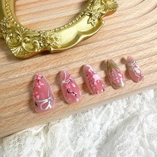 30Pcs Pink Flower Press on Nails Medium Almond Fake Nails with 3D Pearl Rhinestones Designs Glue on Nails Peach Blossom Acrylic Nails Cute Cat False Nails Bow Stick on Nails for Women Nail Supplies thumbnail 4