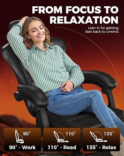 GTPLAYER Big and Tall Gaming Chair with Footrest, Ergonomic Office Desk Chair with 4.4in Thick Cushion and Wide Wingless Seat, Comfortable Leather Computer Chair, Predator Series, Black thumbnail 7