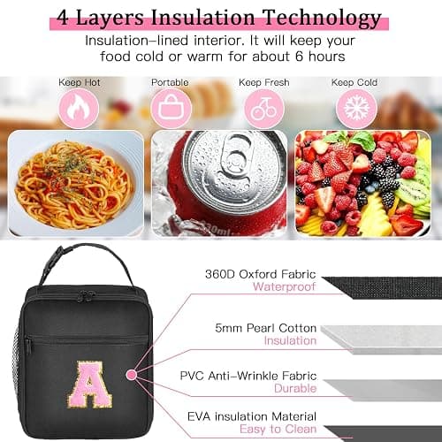Initial Insulated Lunch Bag, Lunch Box with Initial Letter Patch for Teen Adult, Reusable Lunch Bag for Men Women, Ideal Back to School Gift Back to School Gift Birthday Gift, Pink A thumbnail 3