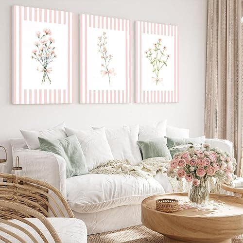 Trendy Pink Floral Wall Art Set of 3, Preppy Canvas Prints with Bow and Stripe Border Cute Aesthetic Botanical Wall Decor Artwork for Bedroom Bathroom Home Decor Girl Dorm Room,12x16 in Framed thumbnail 4