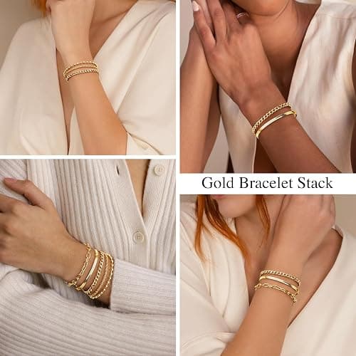 Gold Bracelets for Women Non Tainish,Dainty Bracelets Stack for Women Trendy, Gold Plated Cuff Stackable Bracelets With Beaded Cuban Paperclip Snake Rope Bangle Hand Chain Jewelry Gifts for Women thumbnail 4