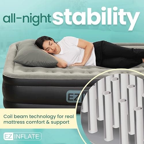 EZ INFLATE Air Mattress with Built in Pump - Twin Size Double-High Inflatable Mattress with Flocked Top - Easy Inflate, Waterproof, Portable Blow Up Bed for Camping & Travel thumbnail 4