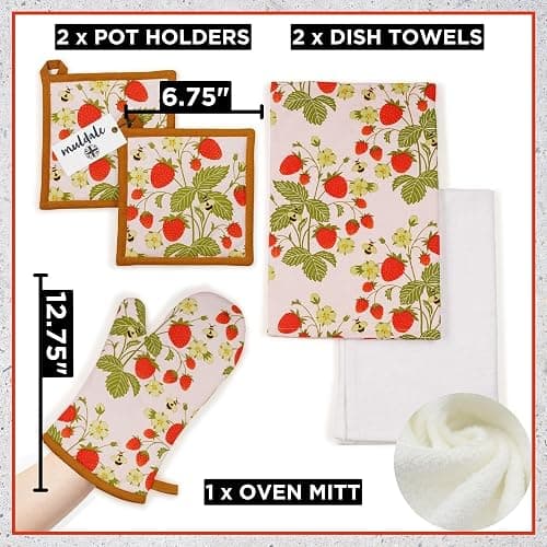 Strawberry Tea Towel and Oven Mitt Set - Dish Towels and Pot Holders | 5 Pack - Textiles Decor Accessories - Kitchen Mittens thumbnail 3
