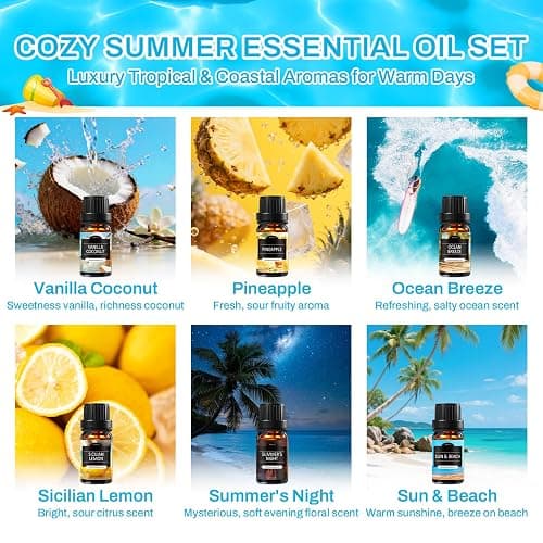 Summer Essential Oils for Diffusers for Home, 6X10ml Fragrance Oils Set, Aromatherapy Oils for Candles Making - Coconut, Pineapple, Beach, Breeze, Lemon, Summer Night | Gift Set for Women, Home, Spa thumbnail 2