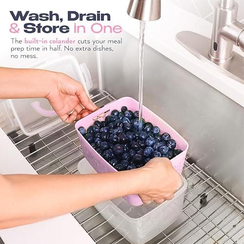 Built-Way Fruit Storage Containers for Fridge - Set of 4 - Airtight Lid Keeps Fresh - For Fruit & Vegetable Storage - Space-Saving Design - Ideal for Produce, Berries, Snacks - Pink thumbnail 4