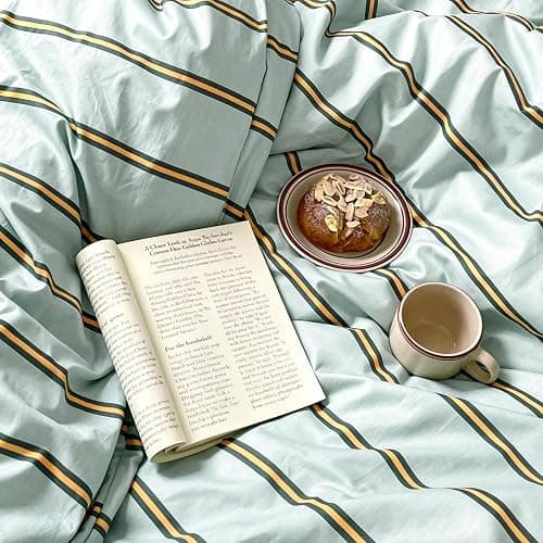 mixinni Retro Mint Blue Striped Duvet Cover Set - 100% Natural Cotton 3-Piece Vintage Stripes Pattern Printed Bedding Set, Soft Breathable Comforter Cover with Zipper Closure & Corner Ties, Full Size thumbnail 6