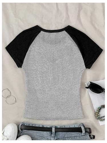RoseSeek Girl's Star Patchwork Color Block Crop Tops Short Sleeve Crew Neck Ribbed T Shirts thumbnail 3