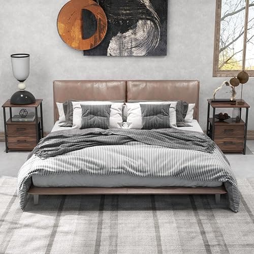 COSTWAY Nightstand with 2 Fabric Drawers, 3-Tier Bedside Sofa Side Table with Open Shelf, Metal Frame, Industrial End Table for Bedroom, Living Room, Dormitory, Walnut thumbnail 8