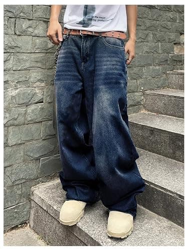 SHENHE Men's Wide Leg Jeans Vintage Baggy Jeans Casual Loose Fit Denim Pants with Pockets thumbnail 5