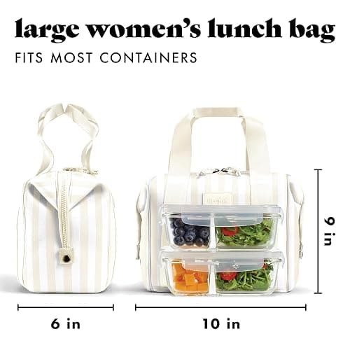 Fit & Fresh Neoprene Lunch Bag For Women, Insulated Womens Lunch Bag For Work, Tear & Stain Resistant Large Lunch Box For Women With Containers and Ice, Machine Washable Remi Bag, Ivory Stripe thumbnail 3