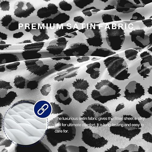 MR&HM Satin Fitted Sheet Full Size, Elastic Corner Straps, White Leopard | 15" Deep Pocket, Secure Fit, No Slipping or Bunching, Silk-Like Feel, Cooling & Breathable, Gentle on Hair & Skin, 1 Pc thumbnail 4