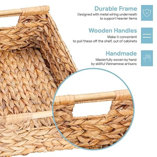 VATIMA Hyacinth Large Wicker Basket 15.5x10.8x6.2" - Rectangular, Wooden Handles, Shelf Organizer thumbnail 4