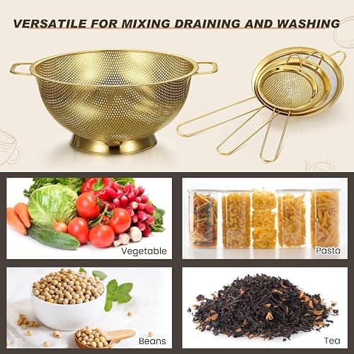 Norme 4 Quart Stainless Steel Gold Colander and 3 Pcs Gold Fine Mesh Strainer, Stainless Steel Pasta Rice Food Metal Strainer with Handles, Easy Clean and Dishwasher Safe thumbnail 5