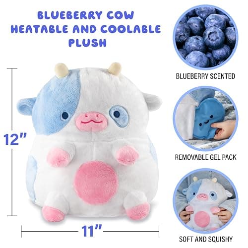 Heatable Scented Cow Plush for Period Cramp Relief & Emotional Support, Microwavable Soft Toy Plushies, Coolable Stuffed Animal for Anxiety, Cute Heating Pad for Pain Relief (Blueberry) thumbnail 2