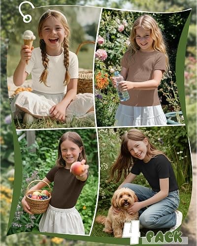Oakgarden 4 Pack Girls T Shirts 5-14 Years Short Sleeve Ribbed Tops Crew Neck Slim Fit Summer Casual Cute Basic Tees for Kids thumbnail 2