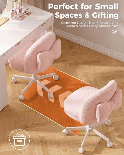 GTPLAYER Velvet Tall Office Chair with Wheels Vanity Chairs with Back, Versatile Height Use: Office to Bar Stools Small Ergonomic Comfy Armlees Computer Desk Chair with Bow Lumbar Pillow for Gift thumbnail 8