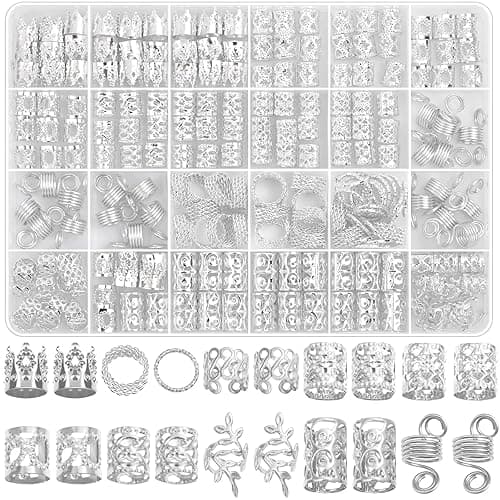 Lucomb 220 Pcs Silver Hair Jewelry for Braids, Loc Jewelry for Hair Dreadlock, Hair Charms for Women, Metal Silver Braids Rings Cuffs Clips for Dreadlock Accessories Hair Braids Jewelry Decorations - Silver