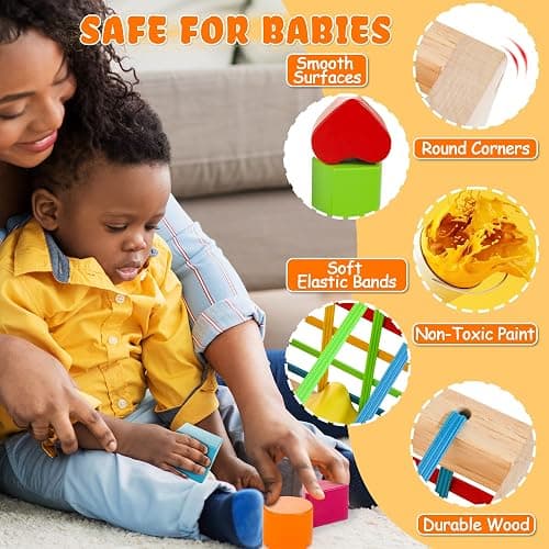 HELLOWOOD Montessori Toys for 1+ Year Old, Wooden Sorter Cube with 8pcs Rattling Shapes, Developmental Learning Toy Gifts for Baby Toddler Boys Girls, Gift Packaging thumbnail 6