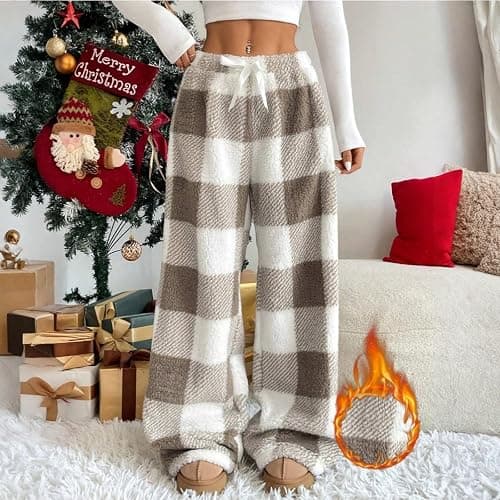 Pajama Pants Womens Fuzzy Plaid Pants Elastic Waist Wide Leg Fleece Bottoms Winter Soft Comfortable Lounge Pants thumbnail 4