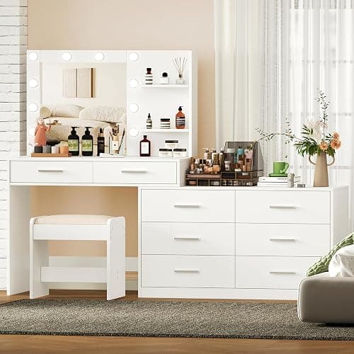 Rovaurx 65" W Makeup Vanity Set with Mirror and 3-Color Lights, Large Vanity Table with 8 Drawers & Side Storage Shelf, Adjustable Width, Bedroom Dressing Table with Stool, for Women, White RSZT109WD thumbnail 5