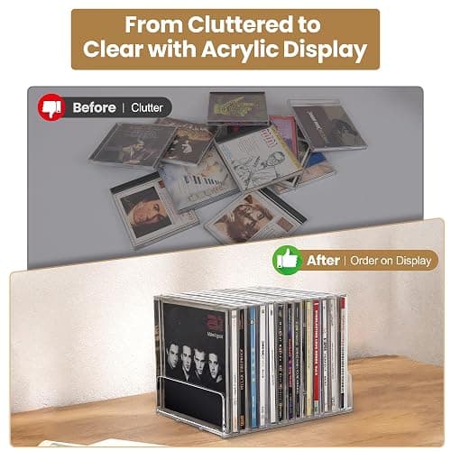 CELSOL Clear Acrylic CD Holder 2 Pack - CD Storage Rack DVD Organizer Stand Holds 28 Jewel Cases, CD Display Shelf for Media Organization, Versatile Desktop Storage for Music Collection thumbnail 4