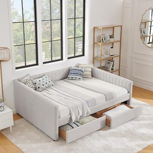 KEIKI Queen Size Linen Upholstery Daybed with 2 Drawers, Modern Style Tufted Corner Sofa Bed Frame with Solid Wooden Slats, Easy Assembly, No Box Spring Required, for Living Room, Bedroom, Beige thumbnail 4