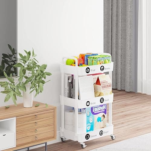 Laiensia 3-Tier Rolling Cart with Wheels,Multifunction Utility Storage Carts, Kitchen Storage Organizer,Mobile Shelving Unit for Bathroom,Laundry,with Classified Stickers,White thumbnail 8