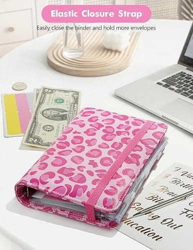 A6 Budget Binder for Money Saving, PU Leather Budget Planner with 8 Cash Envelopes, Budget Sheets & Rose Gold Category Stickers, Money Organizer for Cash (Pink Leopard) thumbnail 4