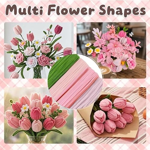 houlishu 400 Pcs Pipe Cleaners Craft Kit - 300 Pink 100 Green Chenille Stems with Floral Wires Stamens Ribbon Adhesive Tapes for DIY Flower Making thumbnail 5