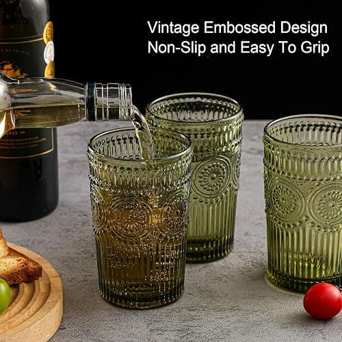 ZMOWIPDL Vintage Glassware Drinking Glasses Set of 6,13 oz Green Textured Flower Design Glass Water Tumblers，Embossed Striped Drinkware for Water,Cocktails,Juice,Iced Coffee thumbnail 7
