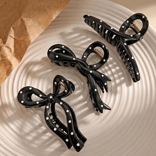 3 Pack Elegant Polka Dot Hair Claw for Women, Strong Hold Jaw Clips | Black & White, Bow & Claw Styles, Retro Chic Design, Soft Vintage Aesthetic - Image 1