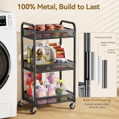 YASONIC 3 Tier Rolling Cart – Metal Utility Storage Carts with Wheels, Craft Cart Organizer with Hanging Cups, Hooks, Mesh Basket for Bedside Kitchen Office Art, Black thumbnail 3
