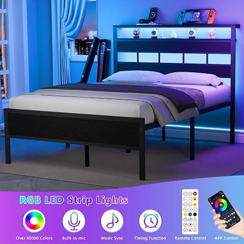 Furnulem Full Size Bed Frame with LED Light and Charging Station, Wood Storage Headboard with 2-Tier Shelves, Metal Platform Bed with Heavy Duty Slats Support, No Box Spring Needed, Black Oak thumbnail 6
