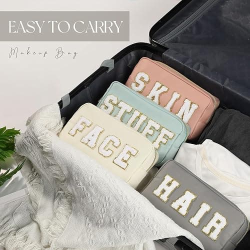 Cunno 4 Pcs Preppy Makeup Bags Chenille Letter Stuff Bag Nylon Cosmetic Pouch Cases with Zipper for Women Travel Toiletry thumbnail 7
