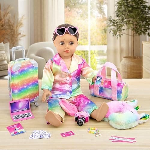 K.T. Fancy 23 PCS American 18 Inch Doll Accessories Suitcase Luggage Travel Set - Rainbow Suitcase Rainbow Bag Camera Computer Cell Phone Neck Pillow Eye Mask Glasses Gift for Christmas (NO Doll) thumbnail 2
