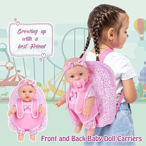 UZIDBTO 12 Inch Baby Dolls with Backpack Carrier Can Store Doll Clothes and Accessories,12" Reborn Baby Doll Set in Gift Box with Feeding Bottle Nipple Diaper for Kids Toddler Age 3+ thumbnail 3
