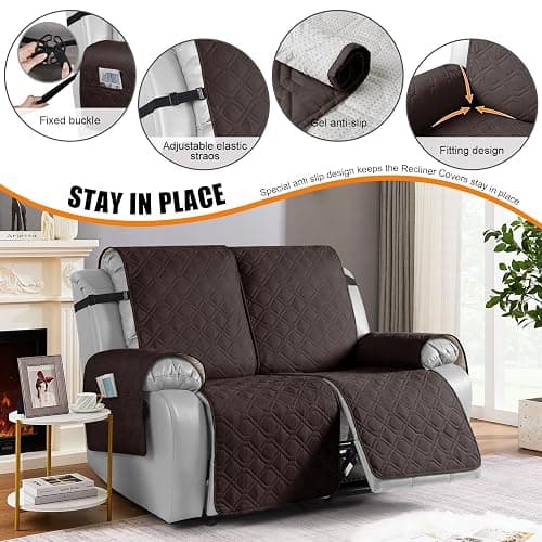 VANSOFY Waterproof Loveseat Recliner Cover, Sofa Covers 1-Piece Washable Reclining Sofa Cover Non-Slip Furniture Protector with Elastic Straps Pocket for Dogs, Pets(Chocolate,2 Seater) thumbnail 3