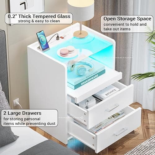 AOGLLATI LED Nightstand with Charging Station, Night Stand with Pull-Out Tray, 2 Drawers, Bedside Table with LED Lights, Modern End Table with USB Ports Outlets, White thumbnail 4