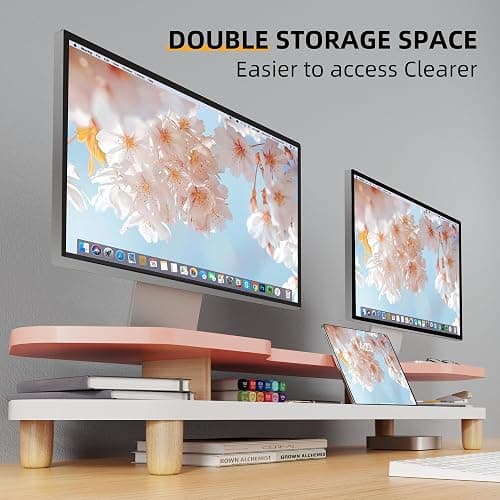 AFOOYO 2 Tier Dual Monitor Stand Riser,Wider Board Computer Monitor Stand for 2 Monitors,Slot For Phone/Tablet Office Desktop Organizer for Laptop,PC,Computer,Printer,Pink thumbnail 5