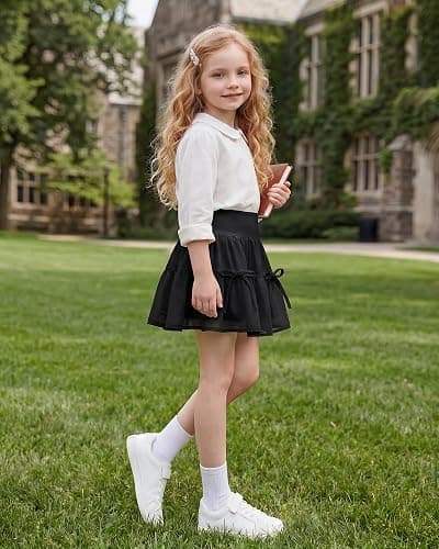Stelle Girls Tiered Tennis Skirt with Built-in Shorts, Pockets & Bows | Athletic Skirts, Density Chiffon, Bow Detail, Built-In Shorts, High Waisted, Lightweight, Breathable, Running, Cute Style thumbnail 3